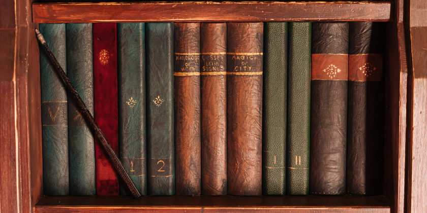 Billede af Harry Potters tryllestav og bøger fra Hemmelighedernes Kammer